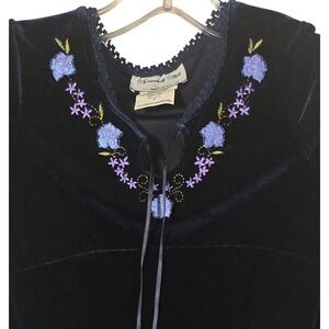 Disorderly Kids Velvet Dress Floral Embroidery Lace Up Neck Blue Size 5